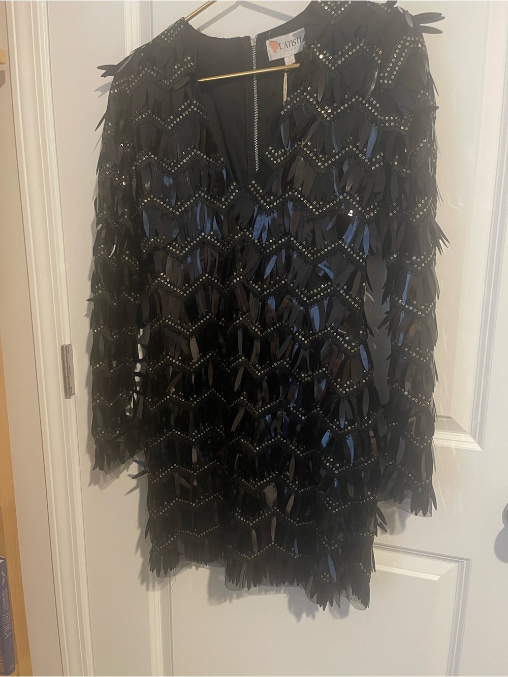 L'ATISTE Black Sequin Fringe Mini Dress Size M 18 Pit-Pit 32 Length MOD 60’s